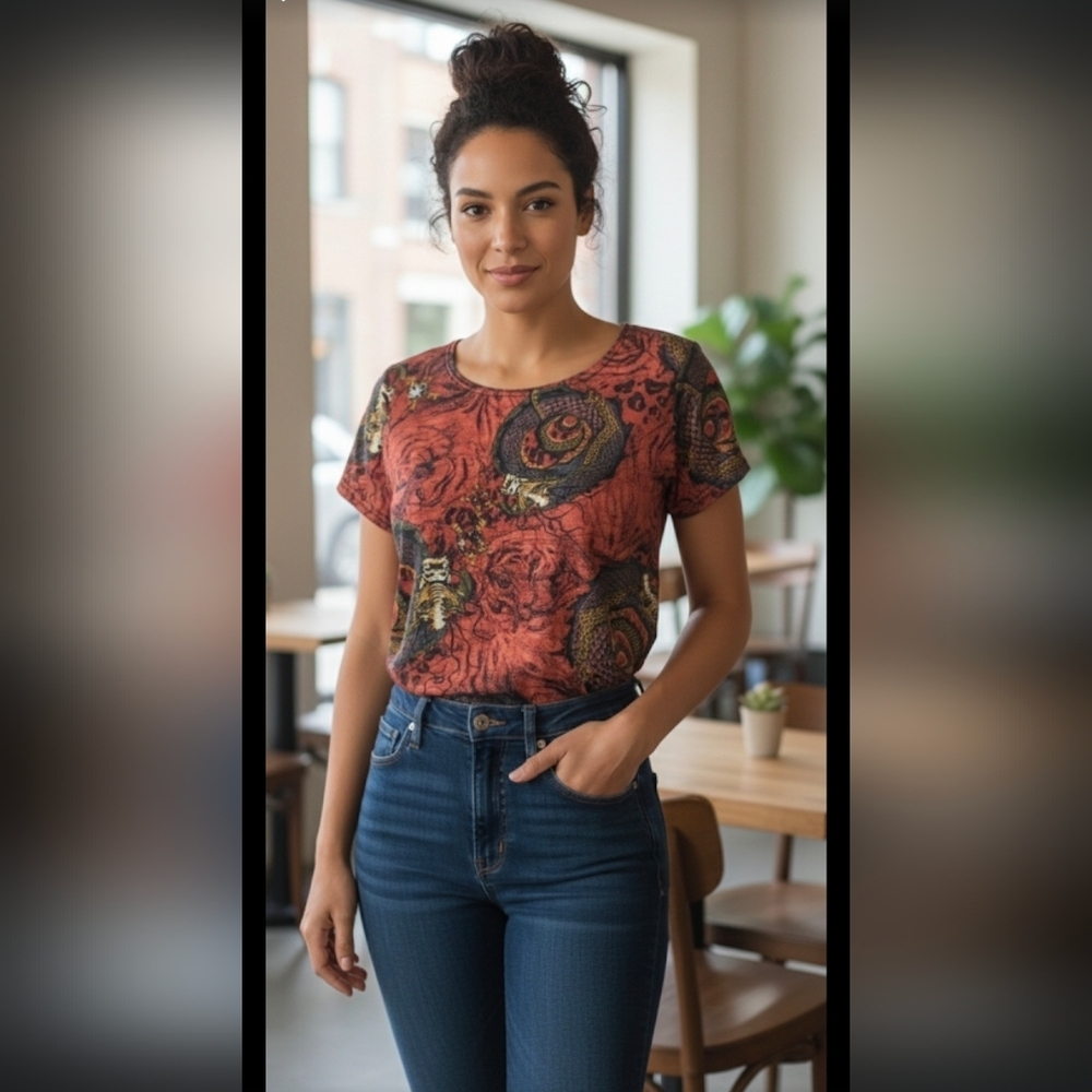 Dragon & Tiger printed Lightweight Stretchy & asoft Shirt Size M.